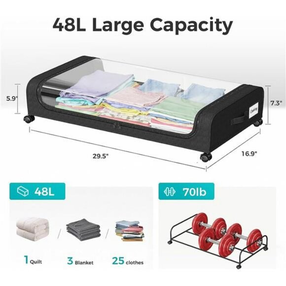 Under Bed Storage Containers with Wheels Clear Window Large Shoe Clothes Bin - Picture 3 of 7